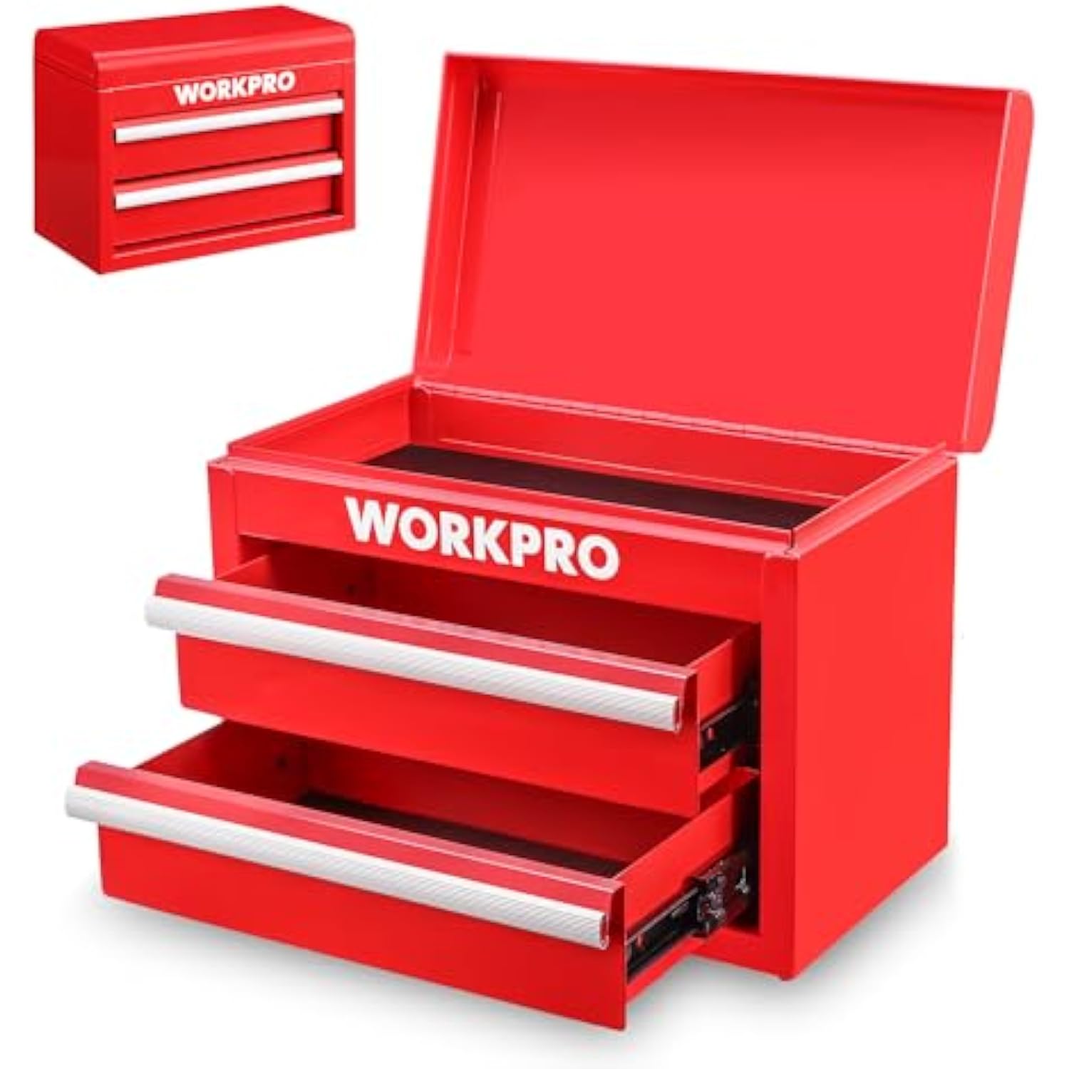 WORKPRO Metal Mini Tool Box, Top Tool Chest containing Two Drawers with Ball Bearing Slides, PVC Drawer Liners and PP Feet Pads, Durable Cold Rolled Steel Small Toolbox for Multi-Purpose Storage