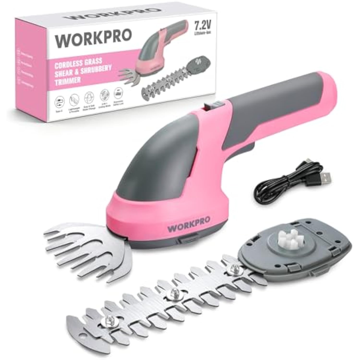Pink and gray cordless 7.2V handheld hedge trimmer with grass shear blades