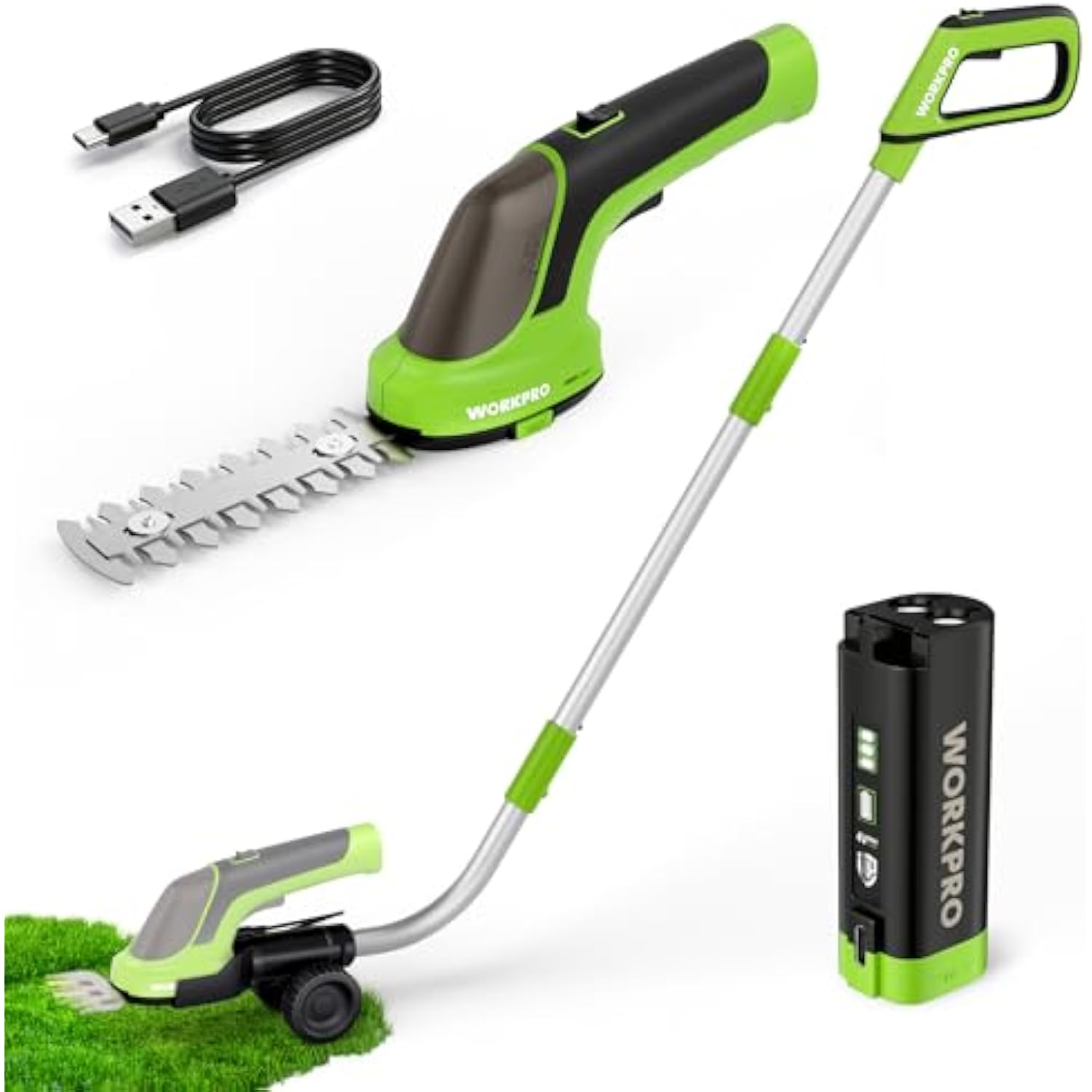 WORKPRO 3.6V Hedge Trimmer Cordless, 3-in-1 Electric Hedge Trimmer & Grass Cutter with 37'' Wheeled Extension Pole, 4.0Ah Removable Battery & Type-C Cable, Lightweight Bush Trimmer for Lawn & Garden