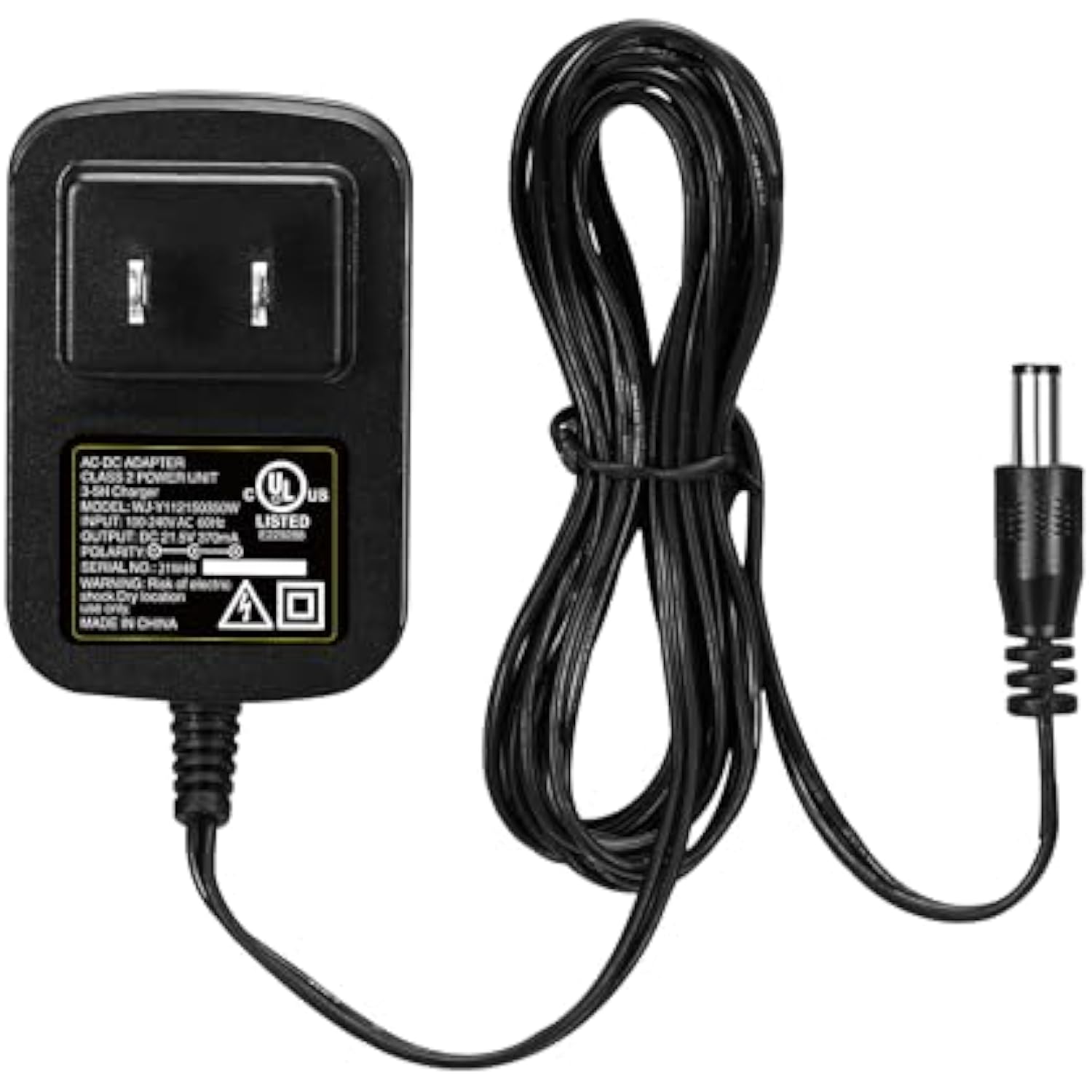 Black AC power adapter with coiled replacement charger cord and 2-prong plug
