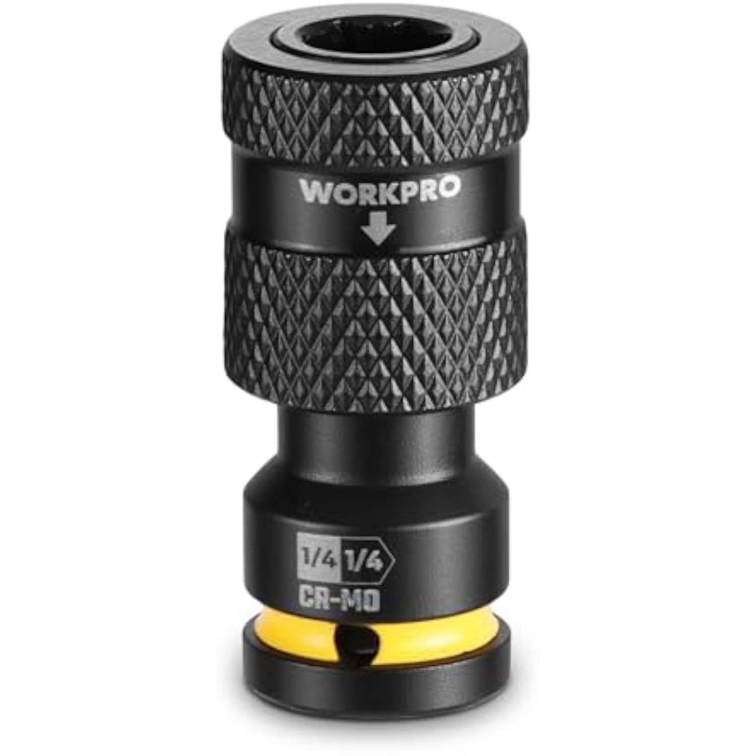 1/4in square to 1/4in hex impact socket adapter, black knurled body with yellow ring