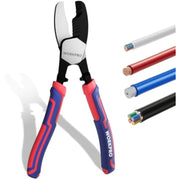 Cable cutter with red/blue handles next to multi-conductor cable ends.