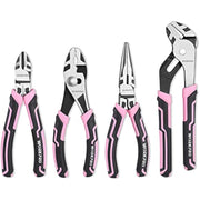 Four pink-handled pliers set with black-and-gray jaws, including diagonal and long nose styles