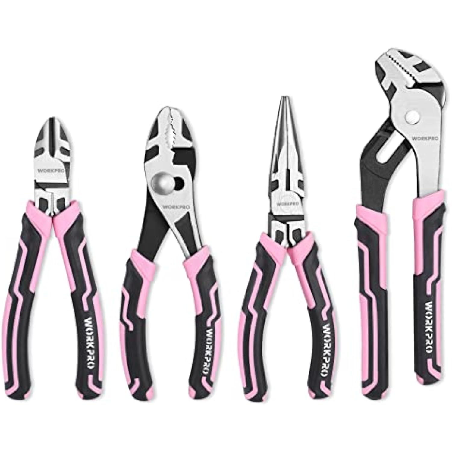 Four pink-handled pliers set with black-and-gray jaws, including diagonal and long nose styles