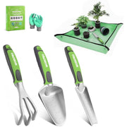Aluminum garden tool set with green-handled trowel, cultivator, and weeding tool