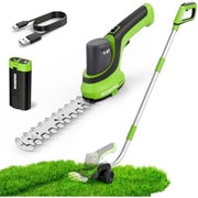 Cordless grass trimmer with extension pole, battery pack, and Type-C charging cable