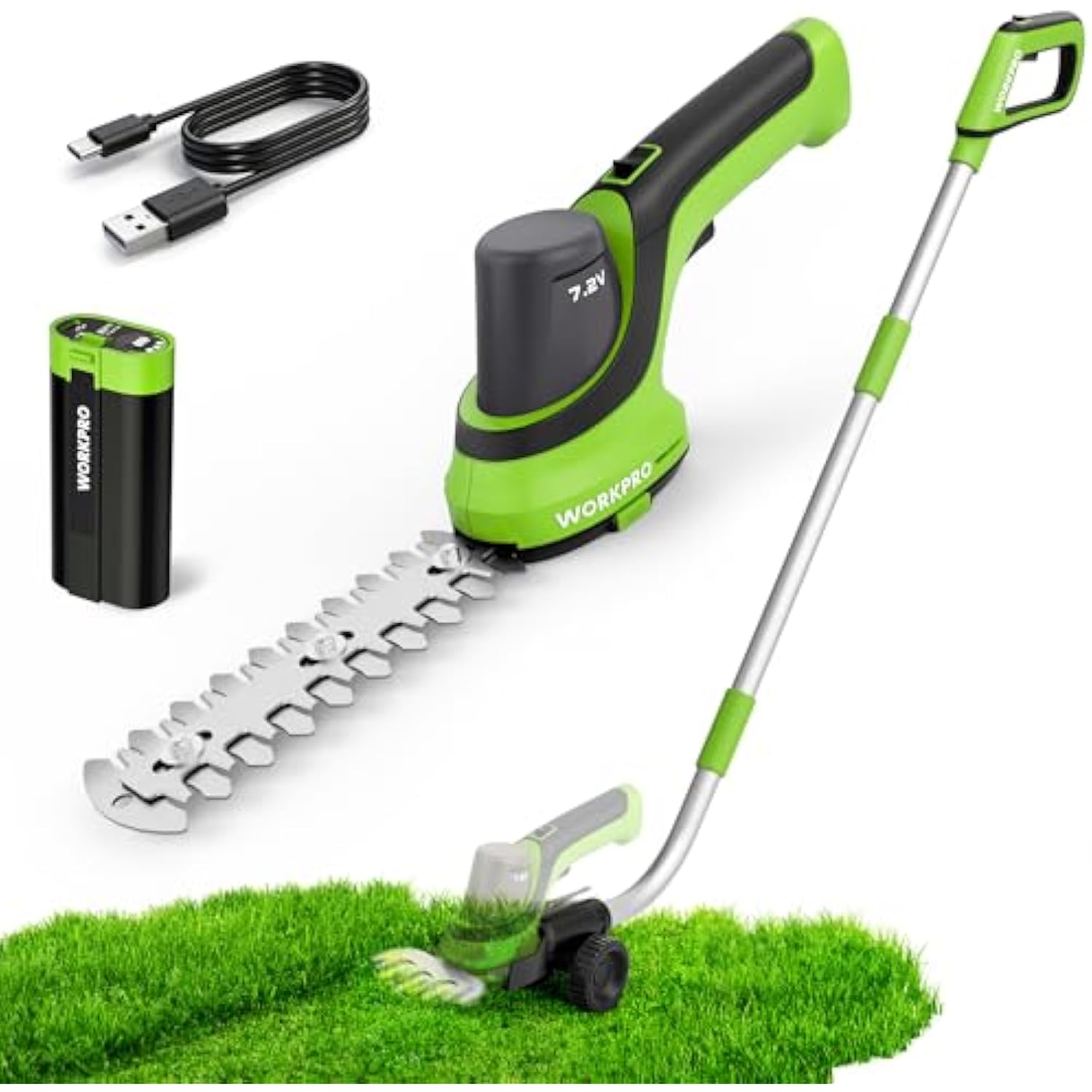 Cordless grass trimmer with extension pole, battery pack, and Type-C charging cable