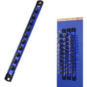 Long blue magnetic socket rail with black clips and mounted organizer section for sockets