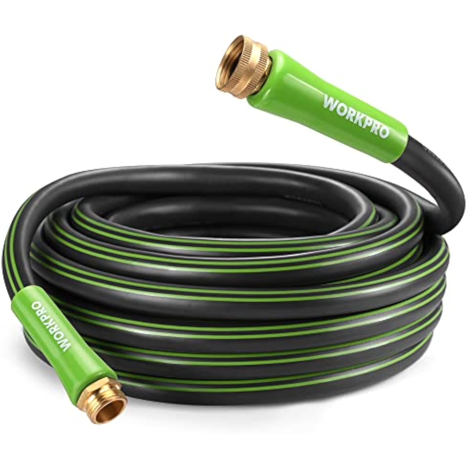 Coiled garden hose in black with green stripes and brass end fittings