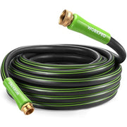 Coiled garden hose in black with green stripes and brass end fittings