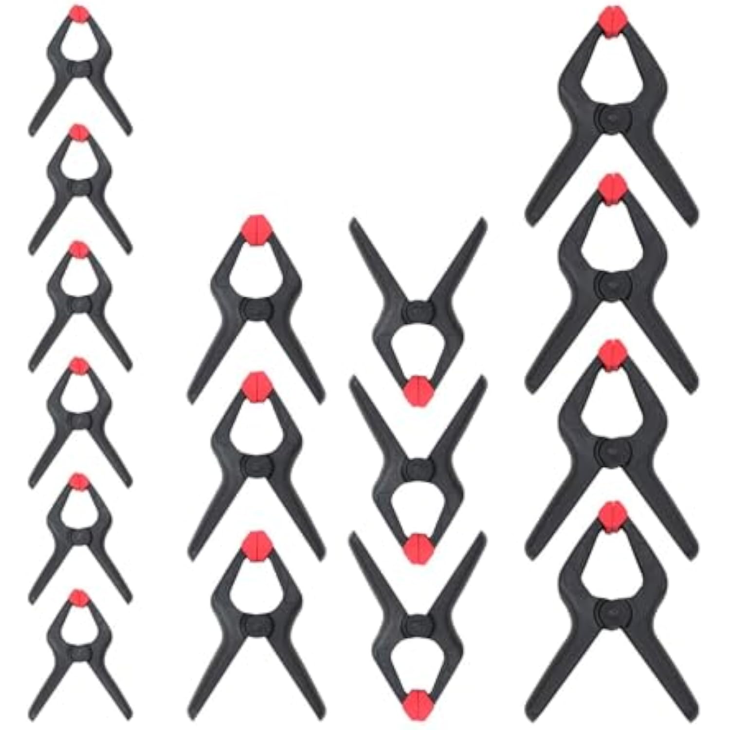 Assorted black spring clamps with red jaw pads arranged in multiple shapes