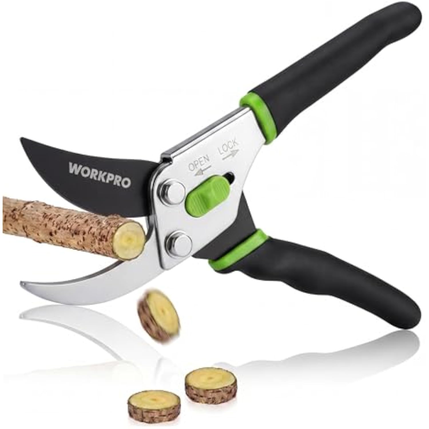 Bypass pruning shears with black blades, green ring accents, and open-lock mechanism