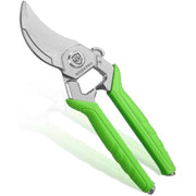 Close-up of silver bypass blade and green handles with safety lock on pruning shears