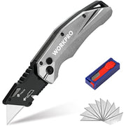 WORKPRO folding utility knife with gray metal handle and spare SK5 blades