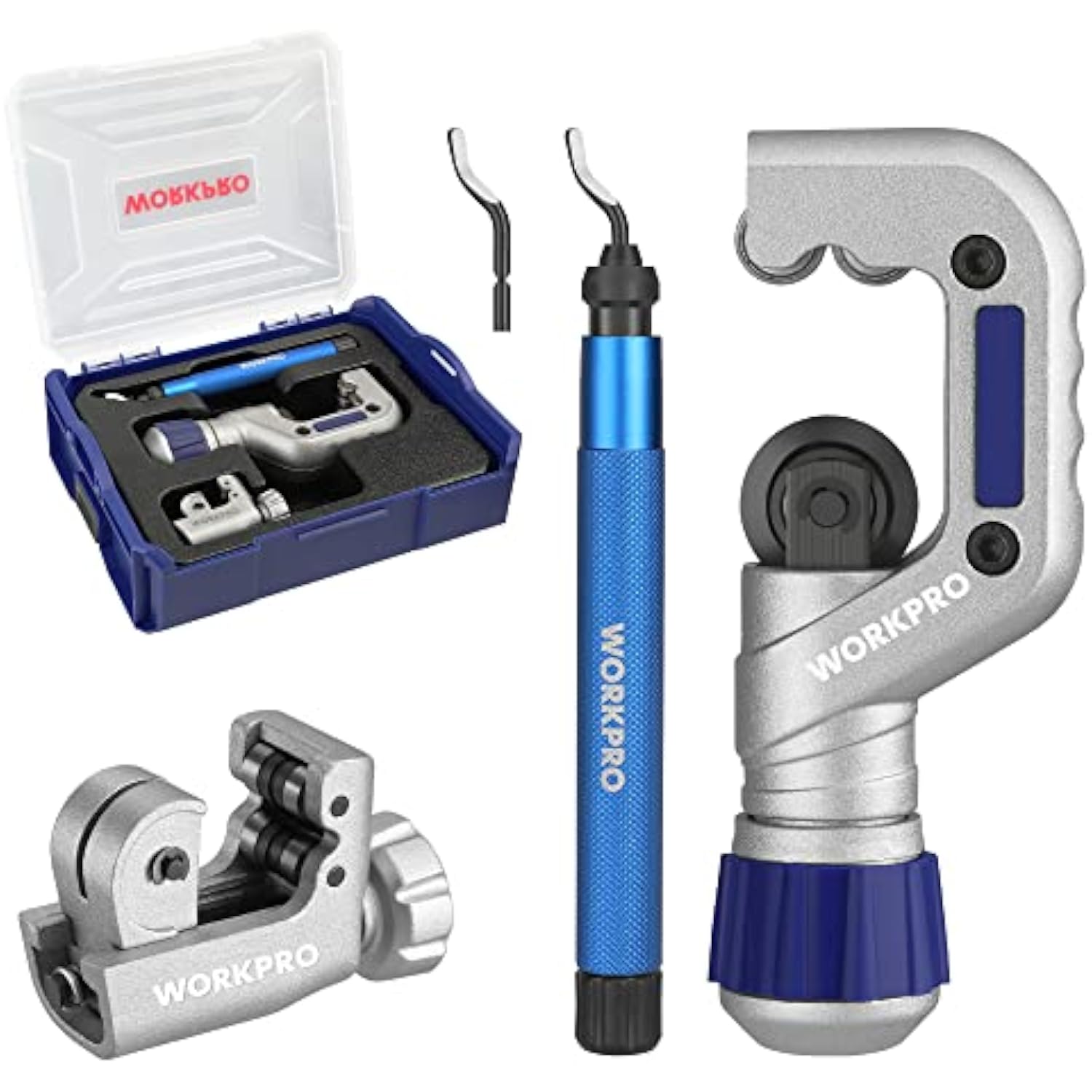 WORKPRO 3 Pieces Tubing Cutter Set - Pipe Cutter with 1/8”-1-1/4” Cutting Capacity, Mini Copper Pipe Cutter with Deburring Tool, Copper, Aluminum, Brass, and Plastic Tubing Cutter