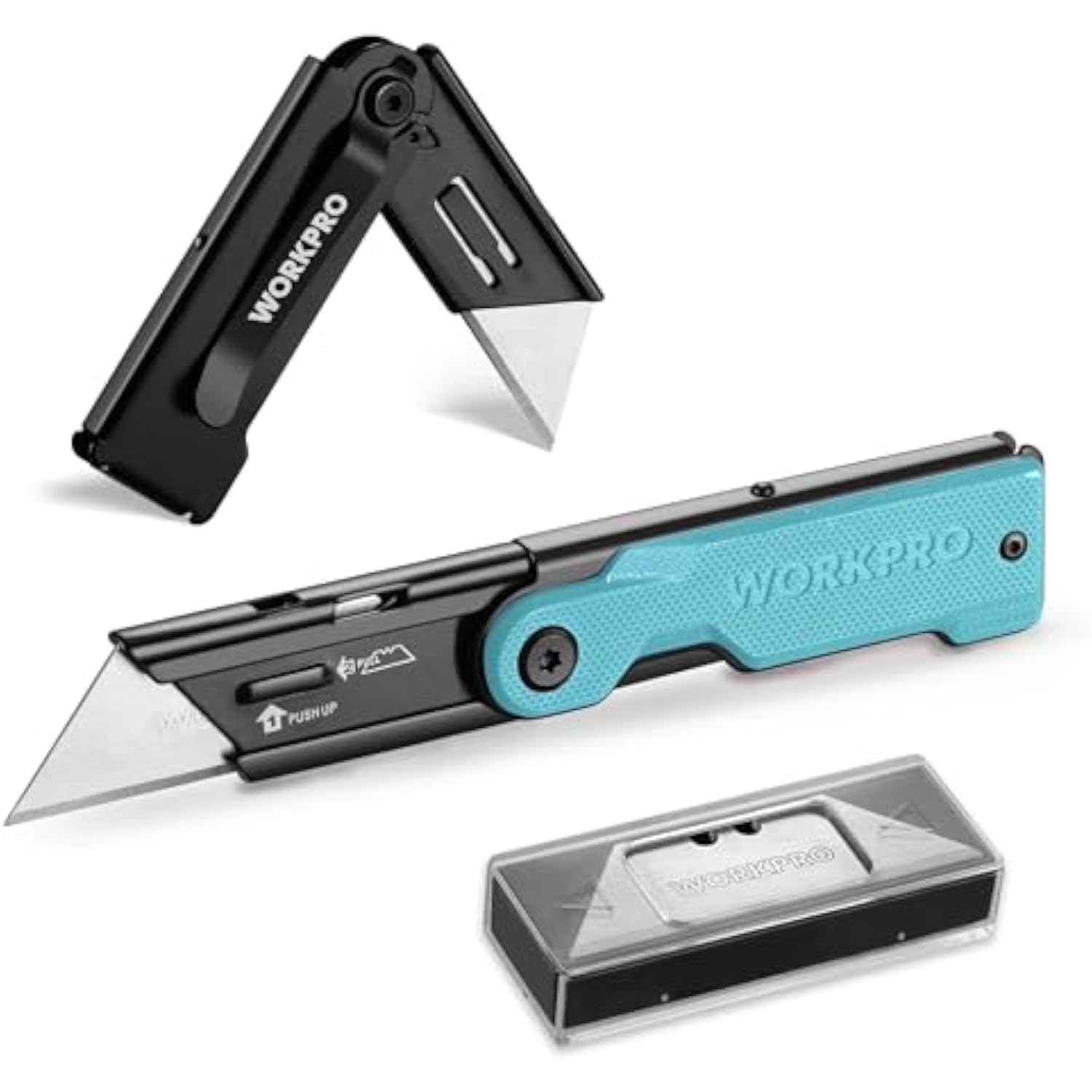 WORKPRO Folding Utility Knife with 10 Extra SK5 Blades, EDC Razor Sharp Knife with G10 Handle, Quick Change Box Cutter with Belt Clip, for Heavy Duty, DIY, Home, Office & Artcraft Use - Blue