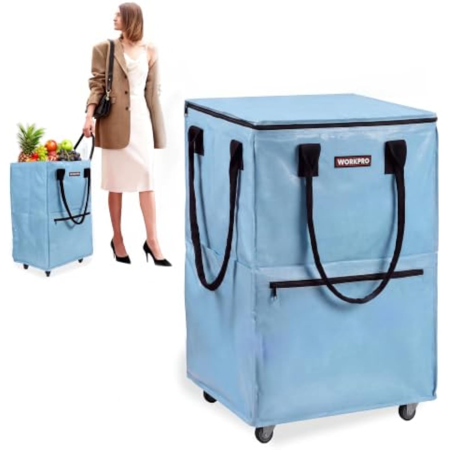 Light blue rolling grocery bag with wide zip front, dual handles, and corner wheel base