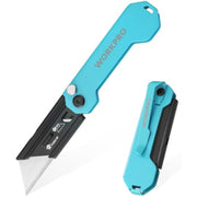 Turquoise folding utility knife with black SK5 blade and protective guard