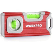 Red mini pocket level with two green bubble vials and gray side handles