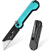 Teal-handled folding utility knife with black belt clip and retractable blade.