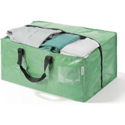 Green zip-top storage tote bag with black handles, filled items visible on top.