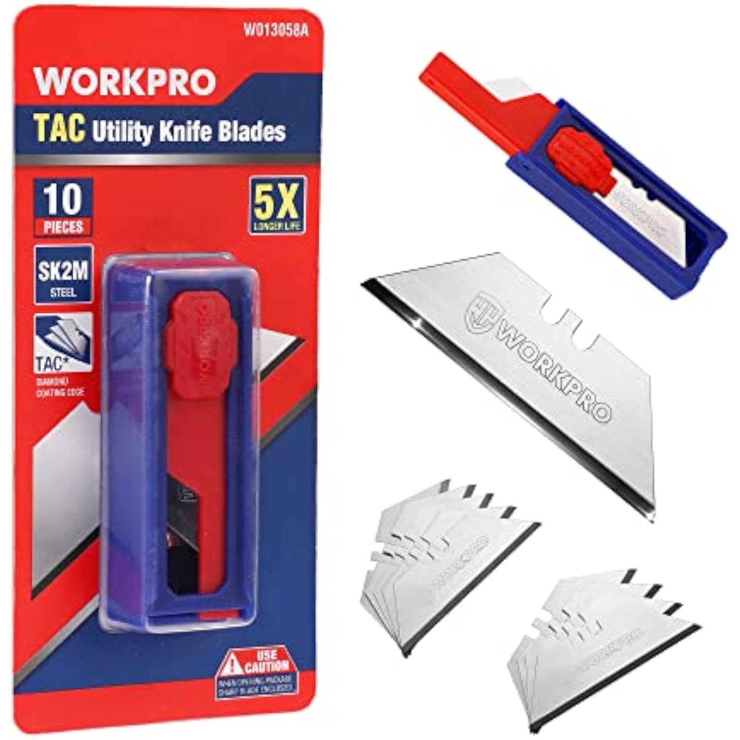 WORKPRO Premium Utility Knife Blades, TAC Diamond Coated SK2M, 10-Pack Utility Blades Replacement with Dispenser