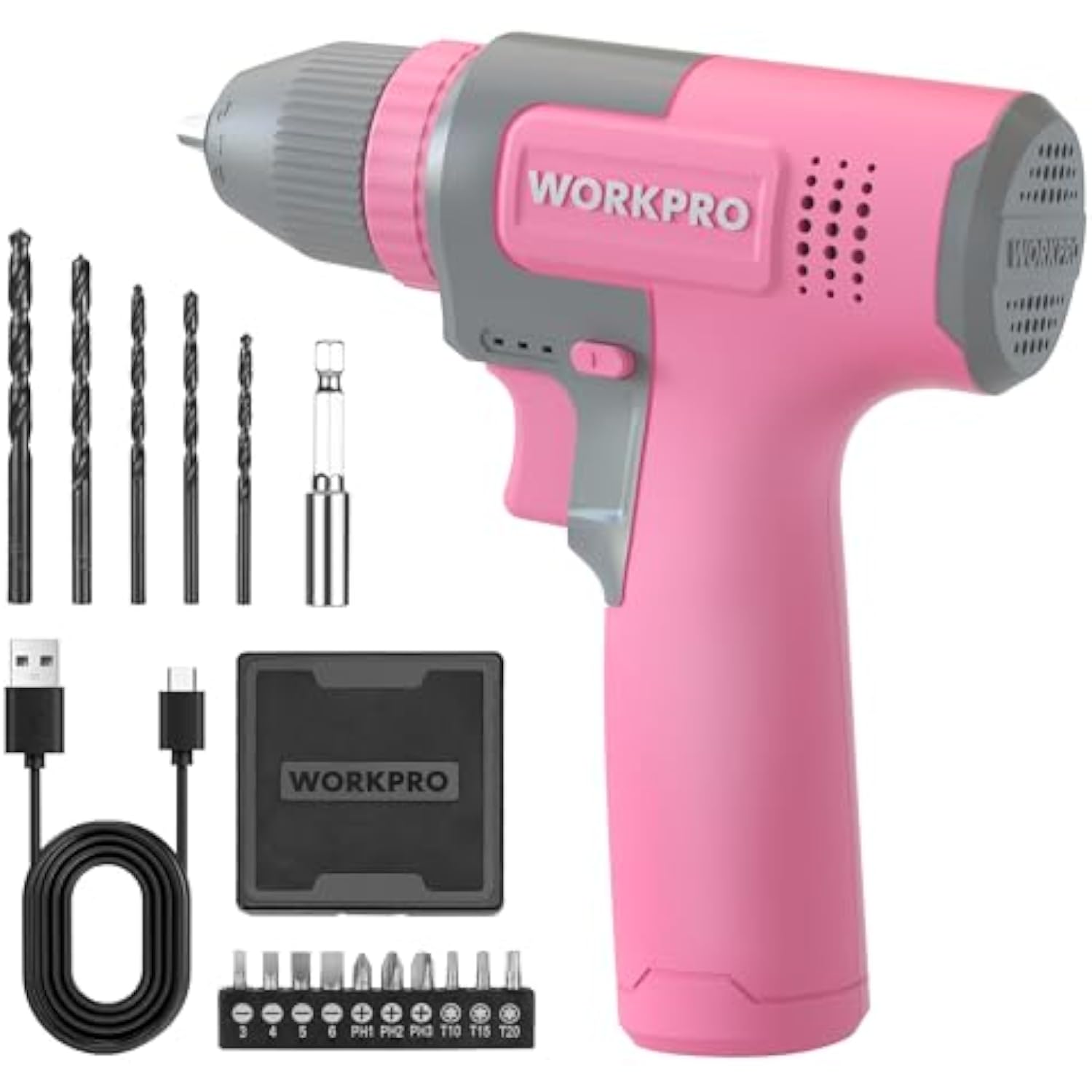 WORKPRO Pink Cordless 8V Drill Driver Set, 2Ah Electric Power Drill with 3/8'' Keyless Chuck, 15pcs Bits & 1 Type-C Charging Cord for Drilling and Screwing - Pink Ribbon