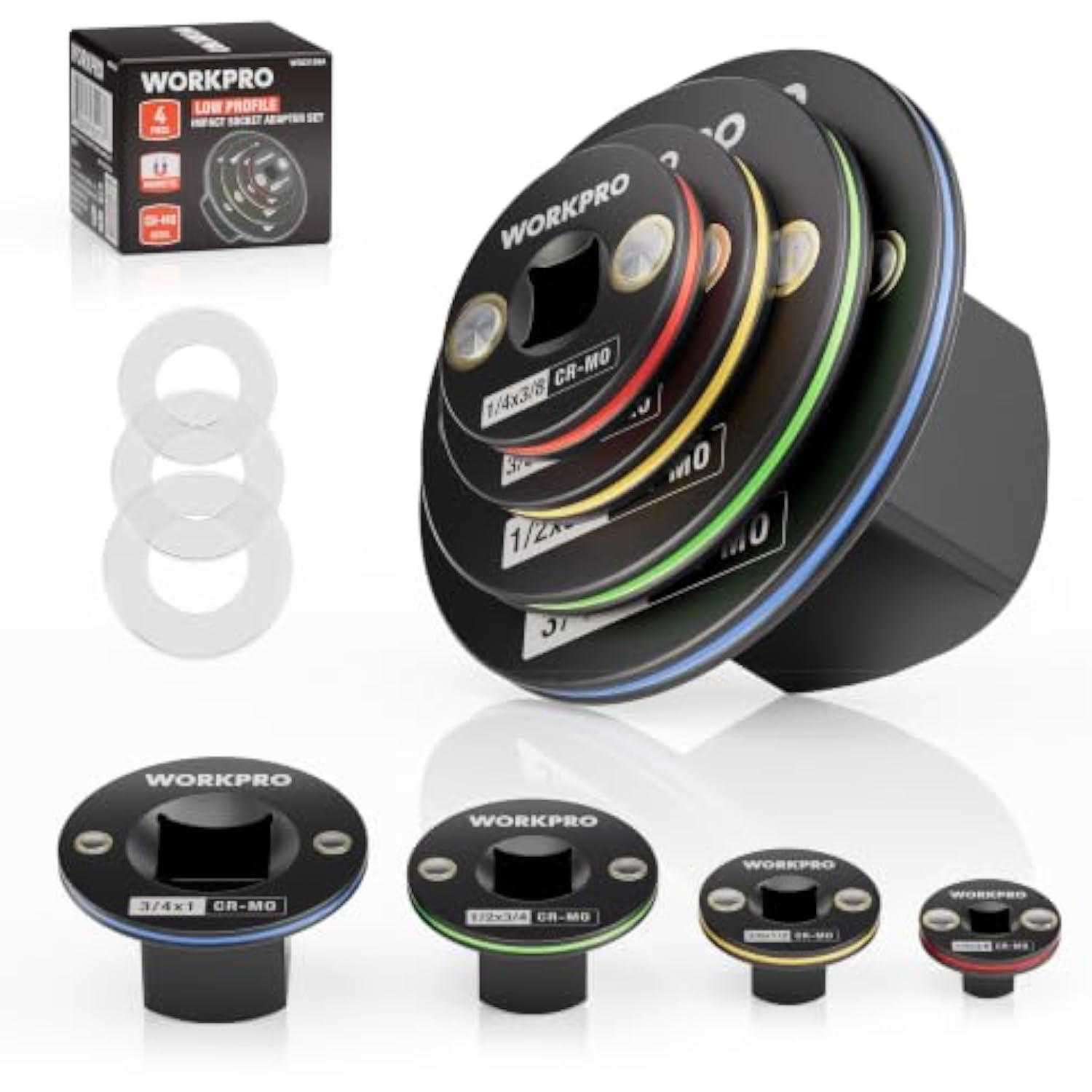 4-piece low profile socket adapter set with black magnetic discs and retail box
