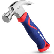 Claw hammer with steel head and 8 oz marking, blue-red fiberglass handle