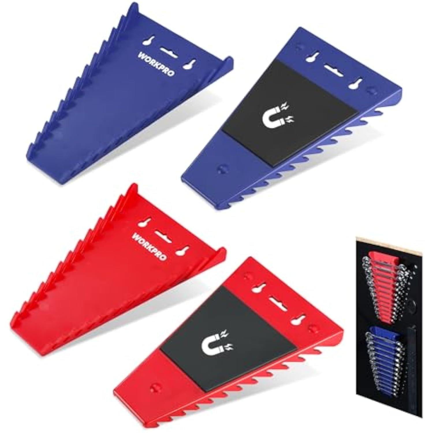 WORKPRO magnetic wrench organizer racks in red and blue, angled views with slots