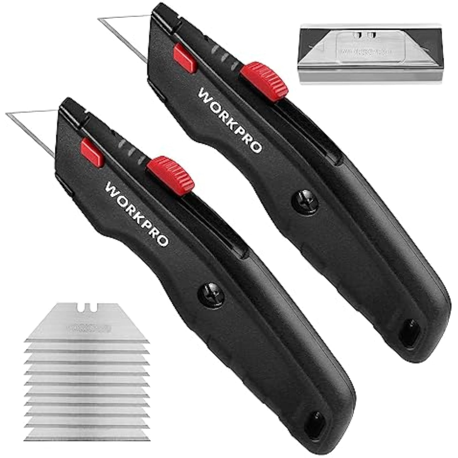 Two black retractable utility knives with red sliders and exposed blade tips