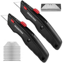 WORKPRO Premium Utility Knife, Retractable All Metal Heavy Duty Box Cutter, Quick Change Blade Razor Knife, with 10 Extra Blades - 2Pcs, Black