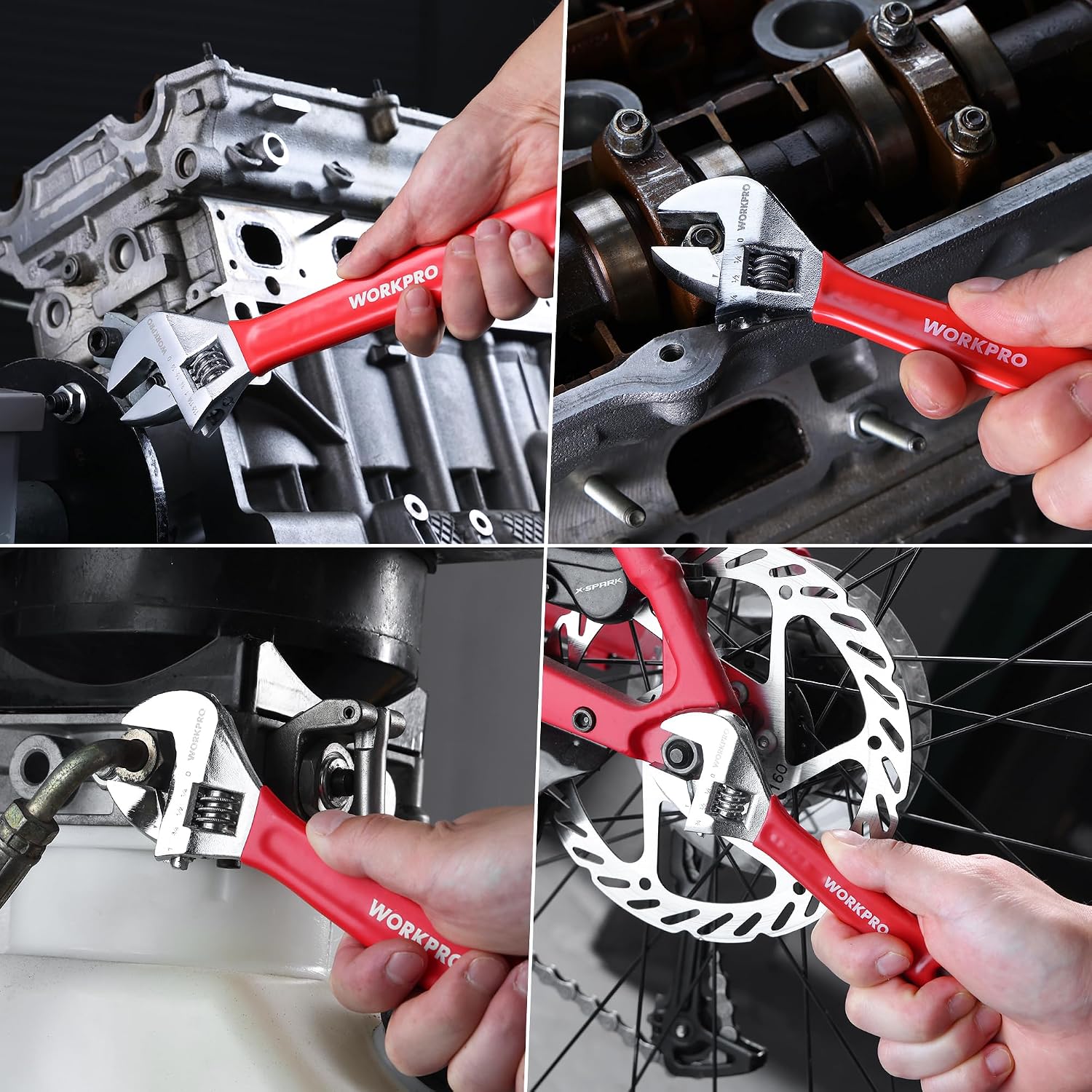 Red adjustable wrench tightening metal fasteners with wide-jaw opening