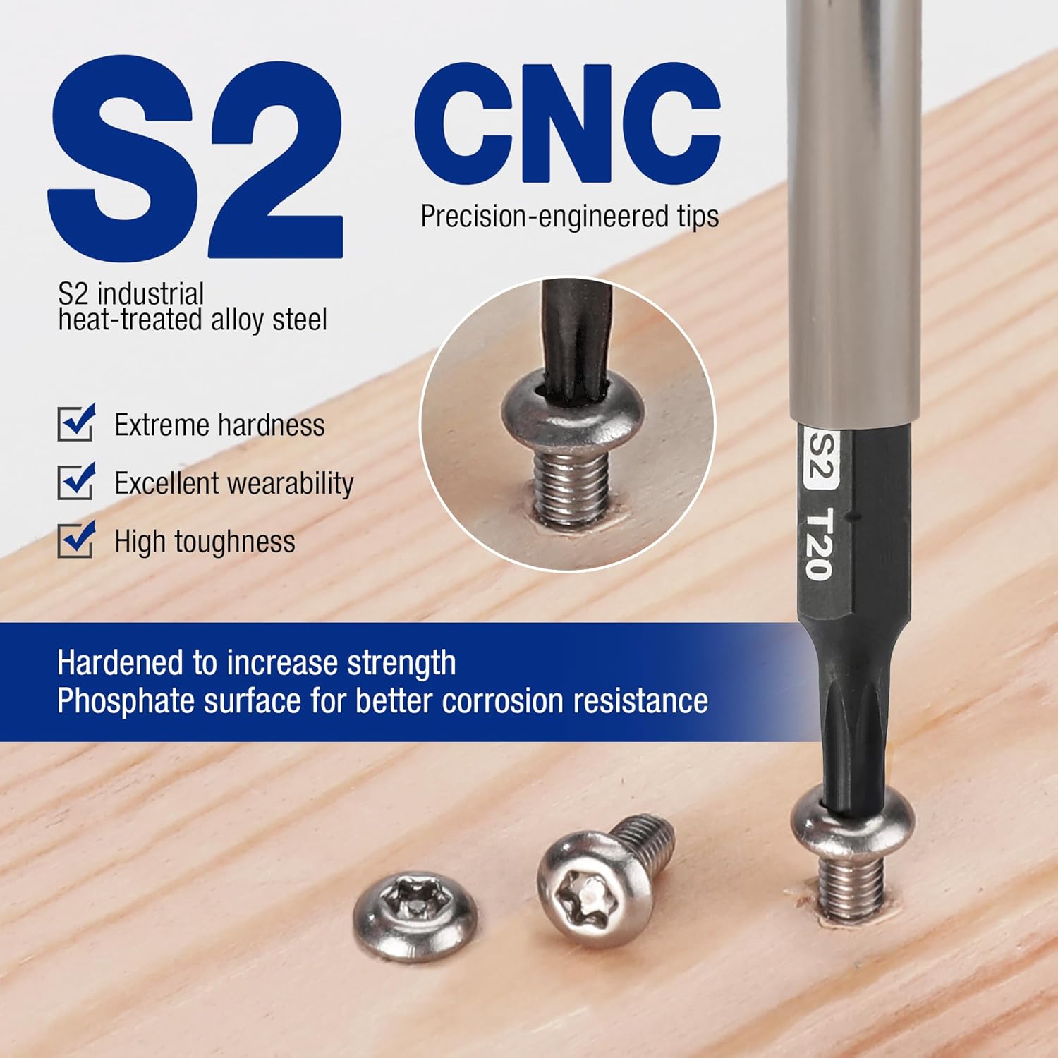S2 precision tamper-proof Torx bit with black tip and screws, marked S2 T20