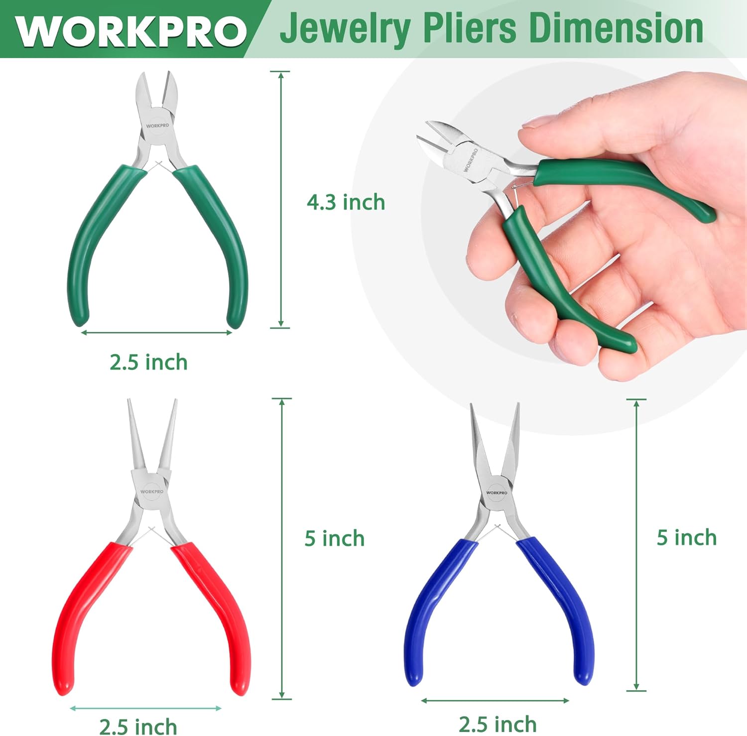 3-pack jewelry pliers set with green, blue, and red insulated handles; needle and chain nose pliers