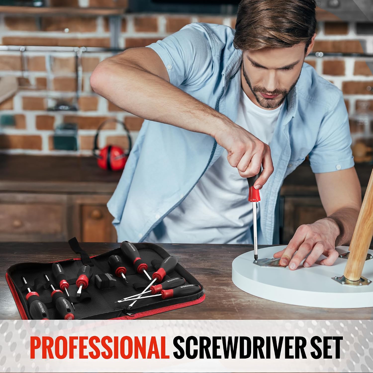 WORKPRO 10-piece magnetic screwdriver set with pouch in red, shown in use tightening a screw on a lamp base