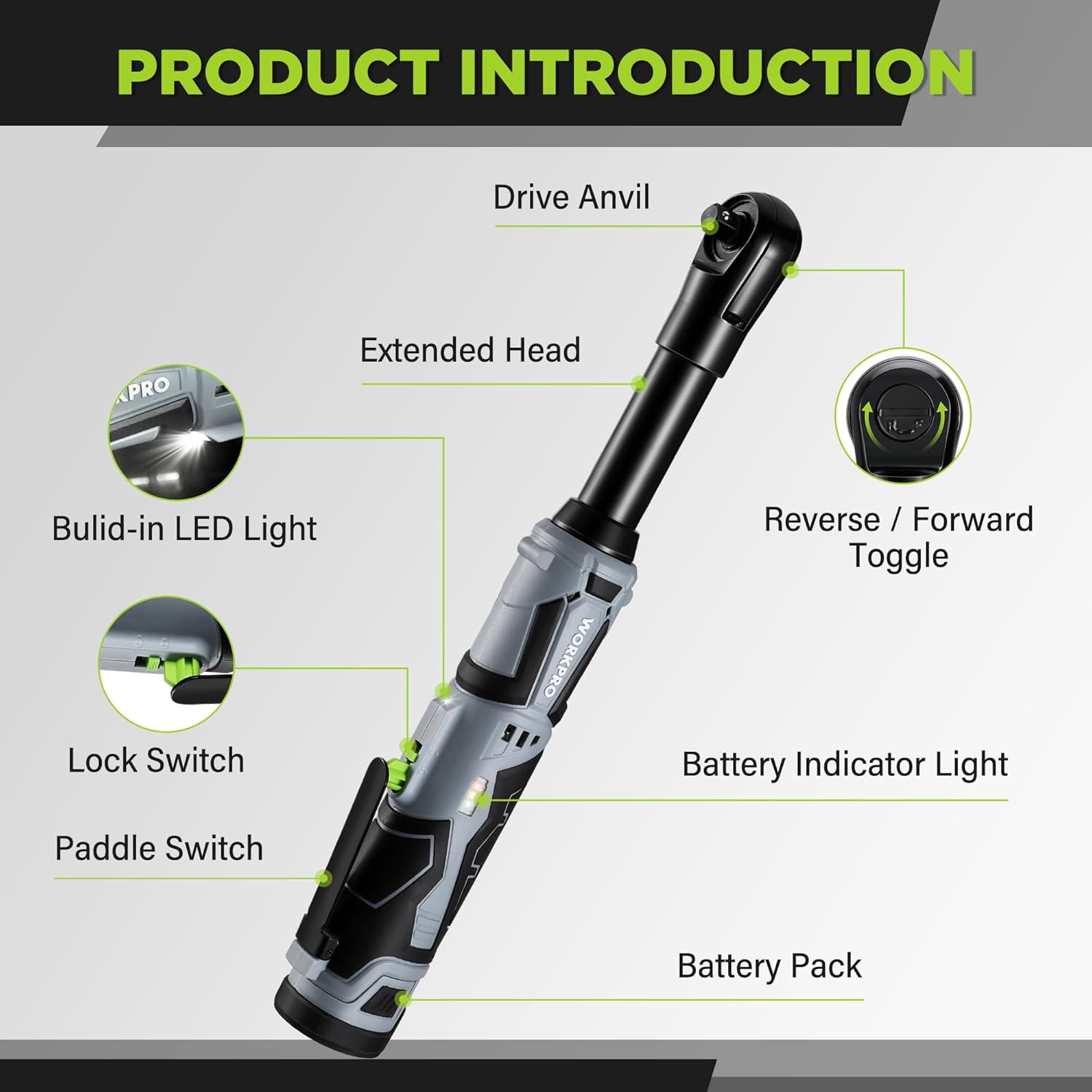 WORKPRO cordless ratchet wrench with extended head, LED light, and reverse/forward toggle