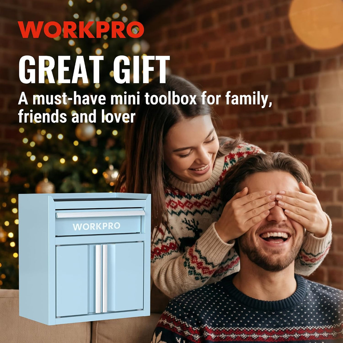 Workpro stackable mini toolbox in light blue with one drawer and two doors, displayed indoors