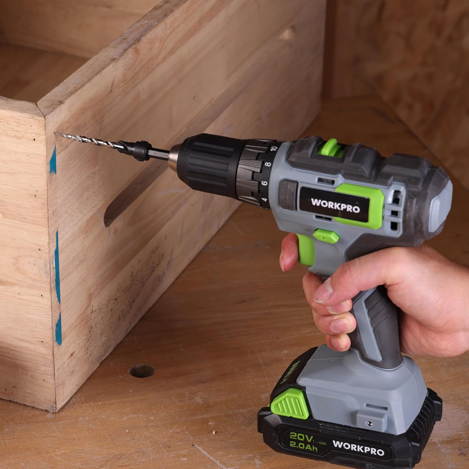 Countersink drill bit installed in a cordless drill for woodworking and metal drilling