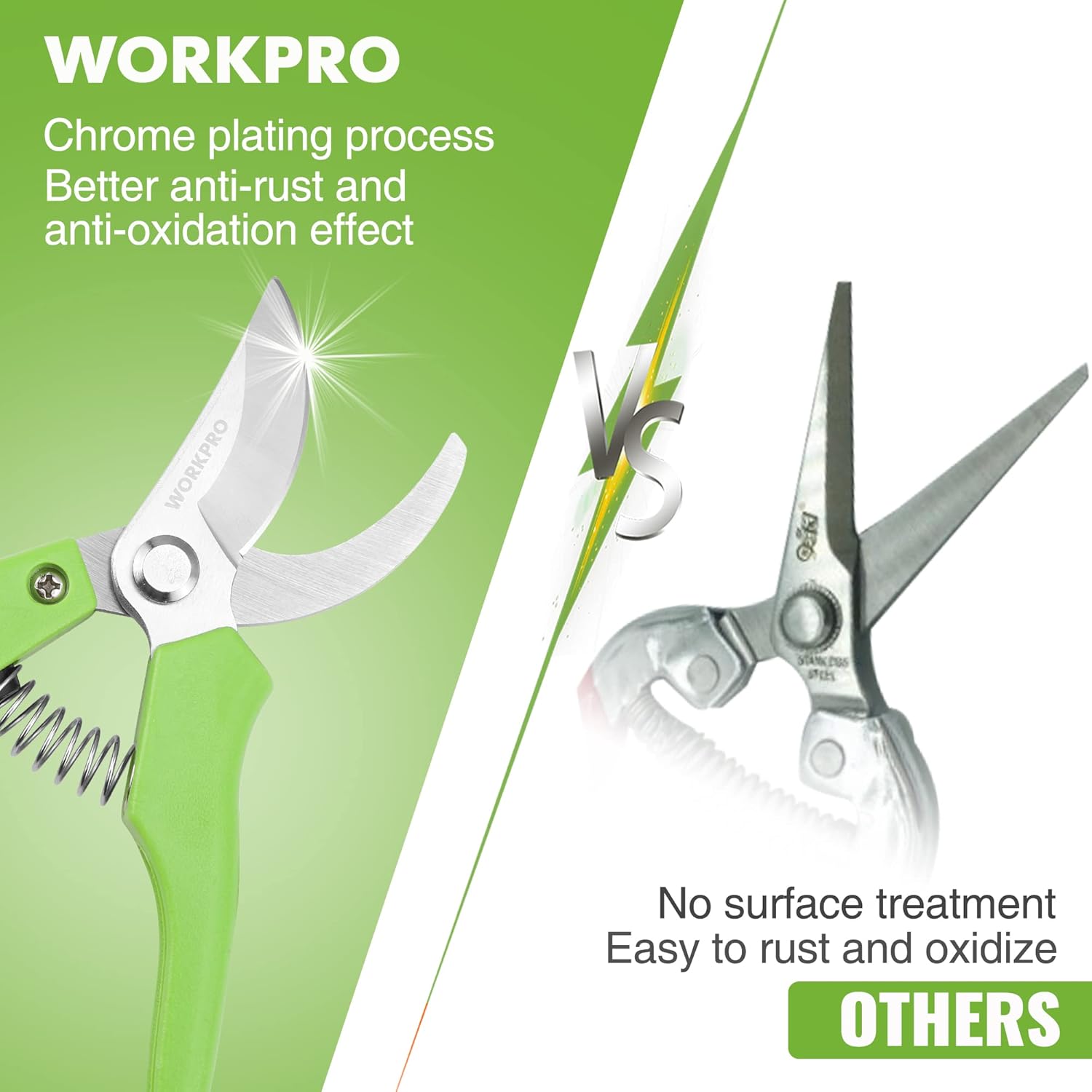 Green and chrome pruning shears with curved bypass blades and spring handle design