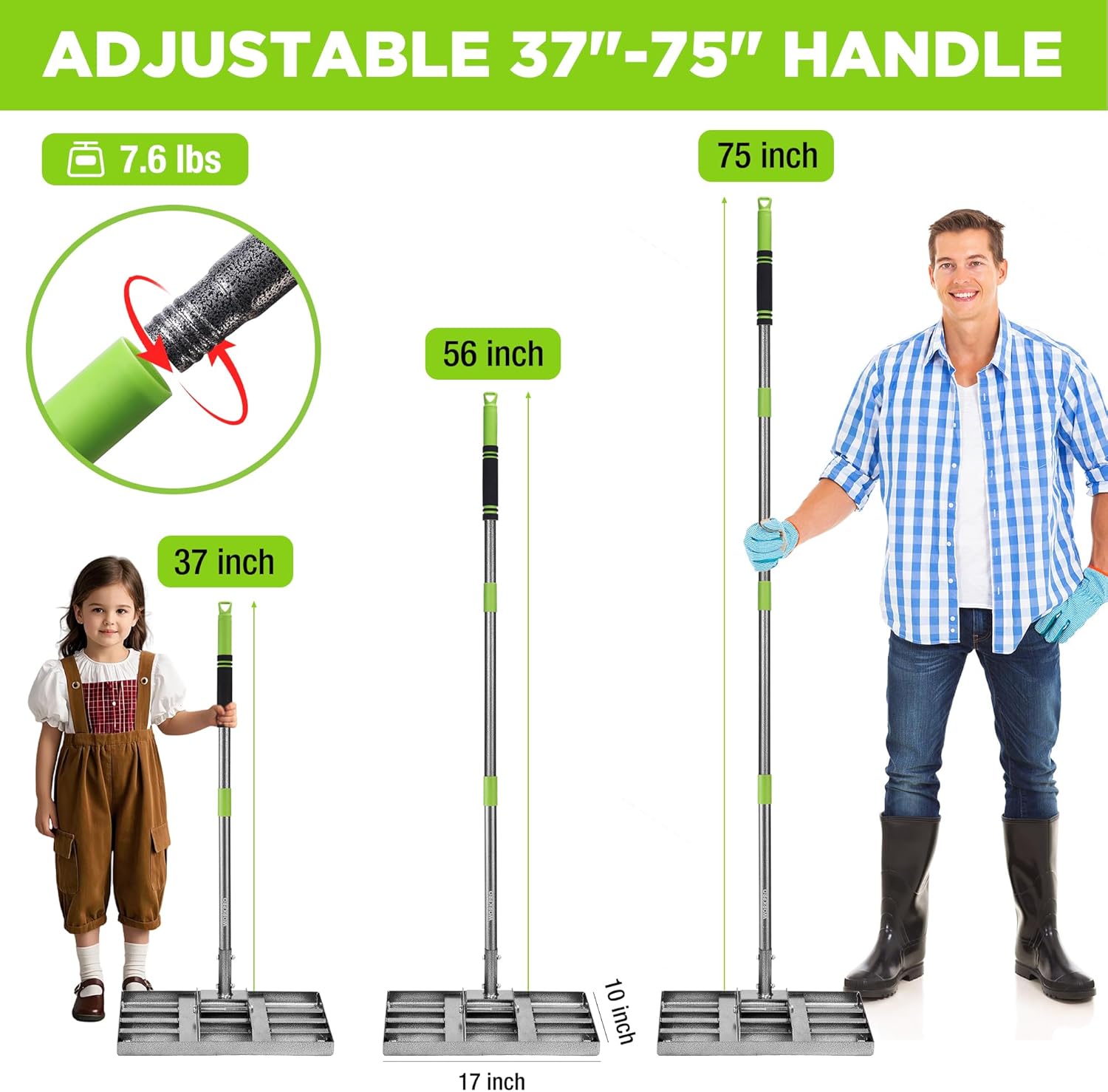 Adjustable lawn leveling rake with telescoping green-and-silver handle