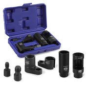 Oxygen sensor socket set in blue case with multiple black sockets and adapters