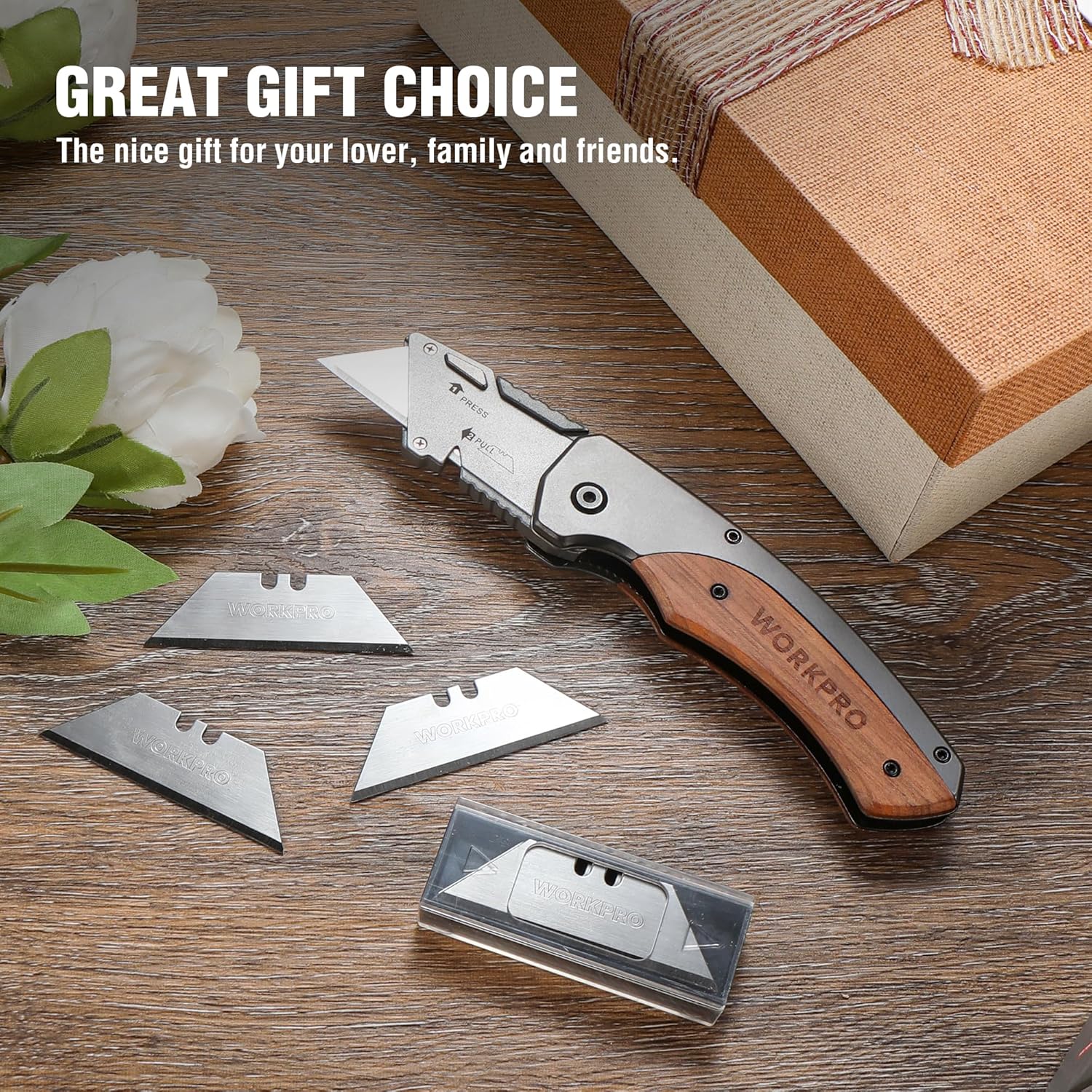 WORKPRO folding utility knife with rosewood handle and included replacement blades