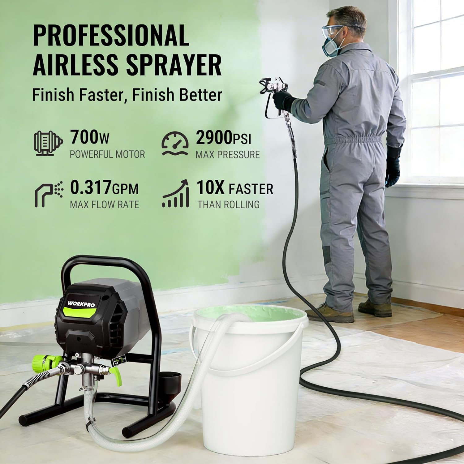Airless paint sprayer unit with spray gun, hose, and paint pickup bucket for pumping