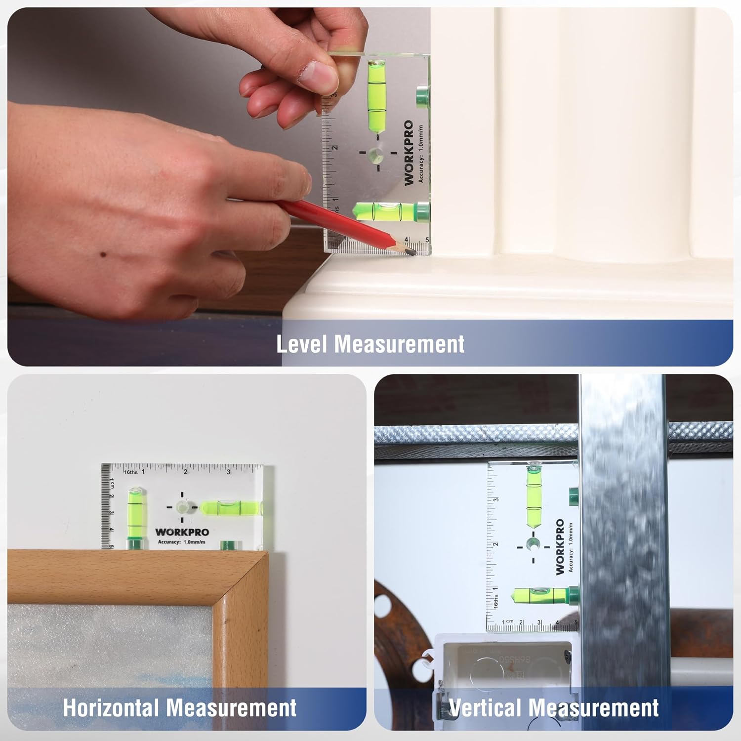 Magnetic pocket level with green vials used for horizontal and vertical measurements