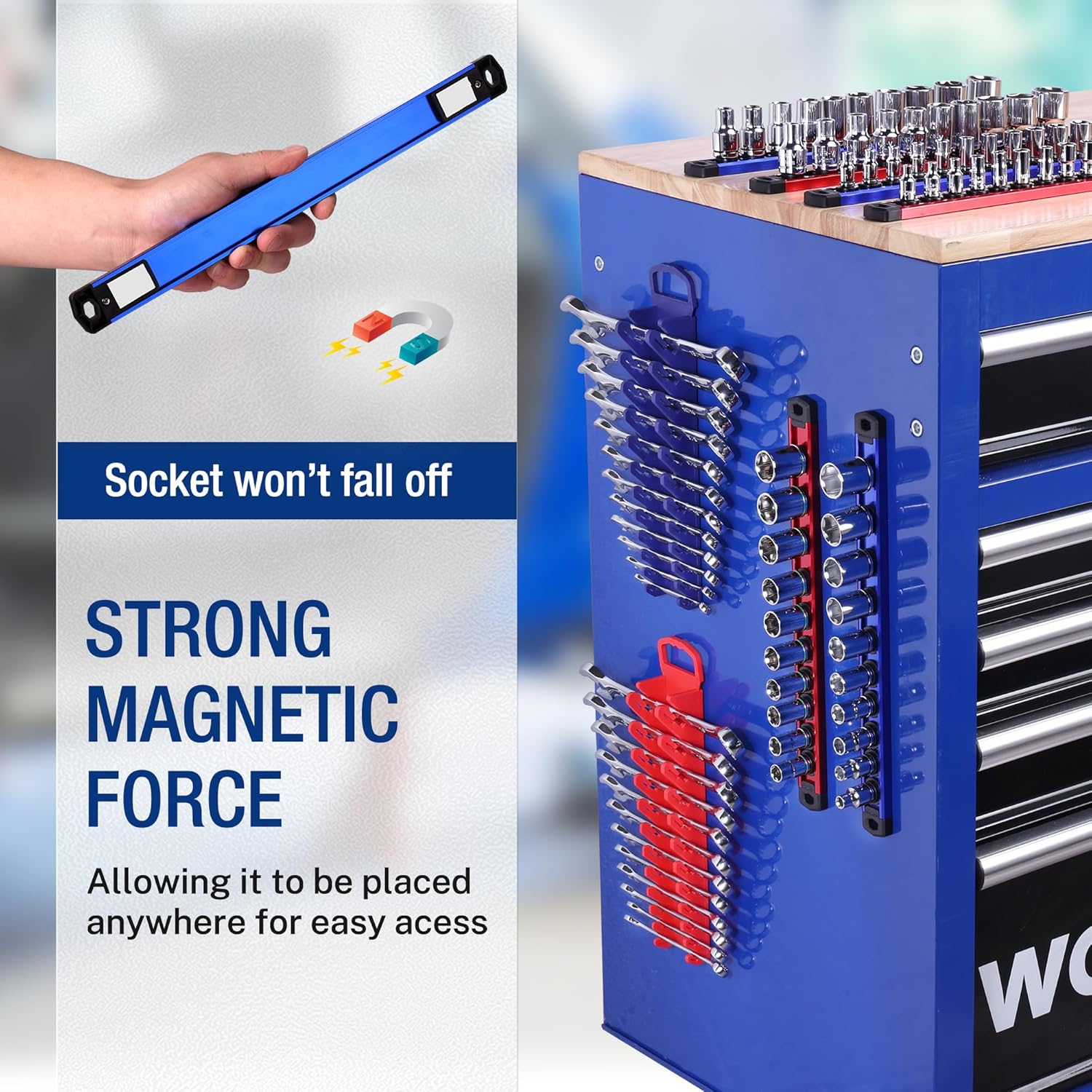 Blue magnetic socket organizer box with metal sockets clipped on rails