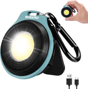Blue rechargeable COB keychain work light with round lens and carabiner clip, glowing
