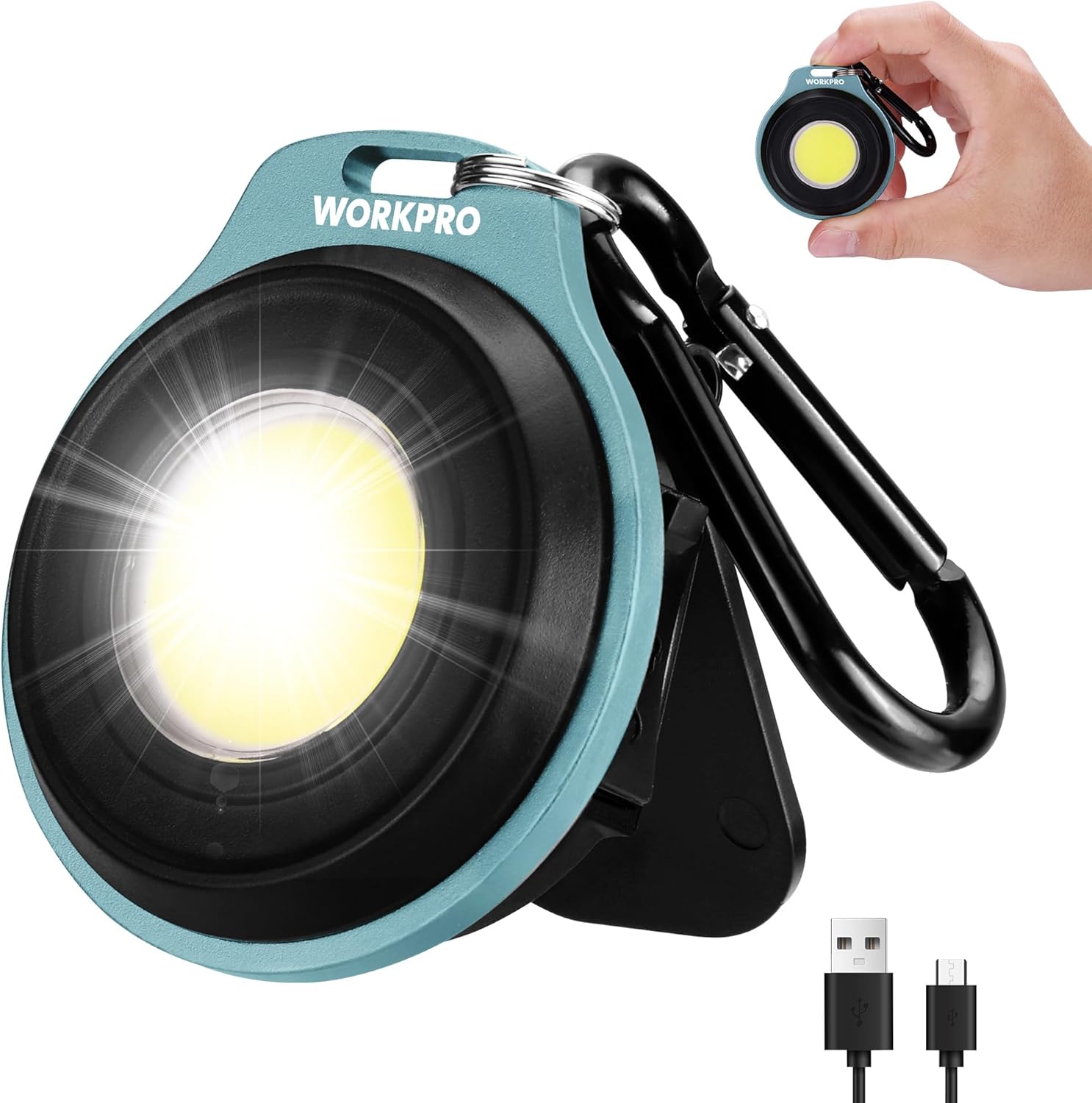 Blue rechargeable COB keychain work light with round lens and carabiner clip, glowing