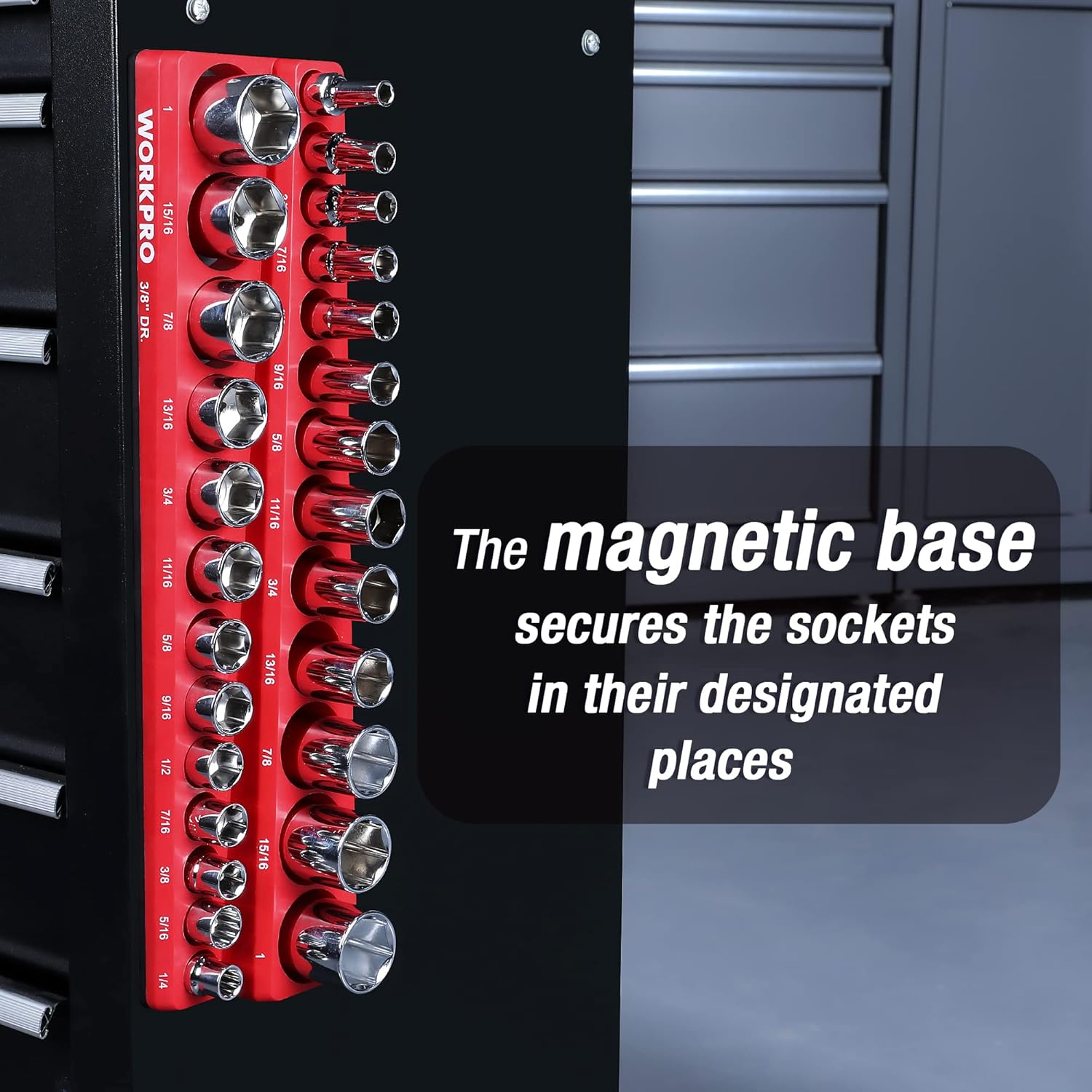 Red vertical magnetic socket holder panel with chrome sockets, mounted in drawer