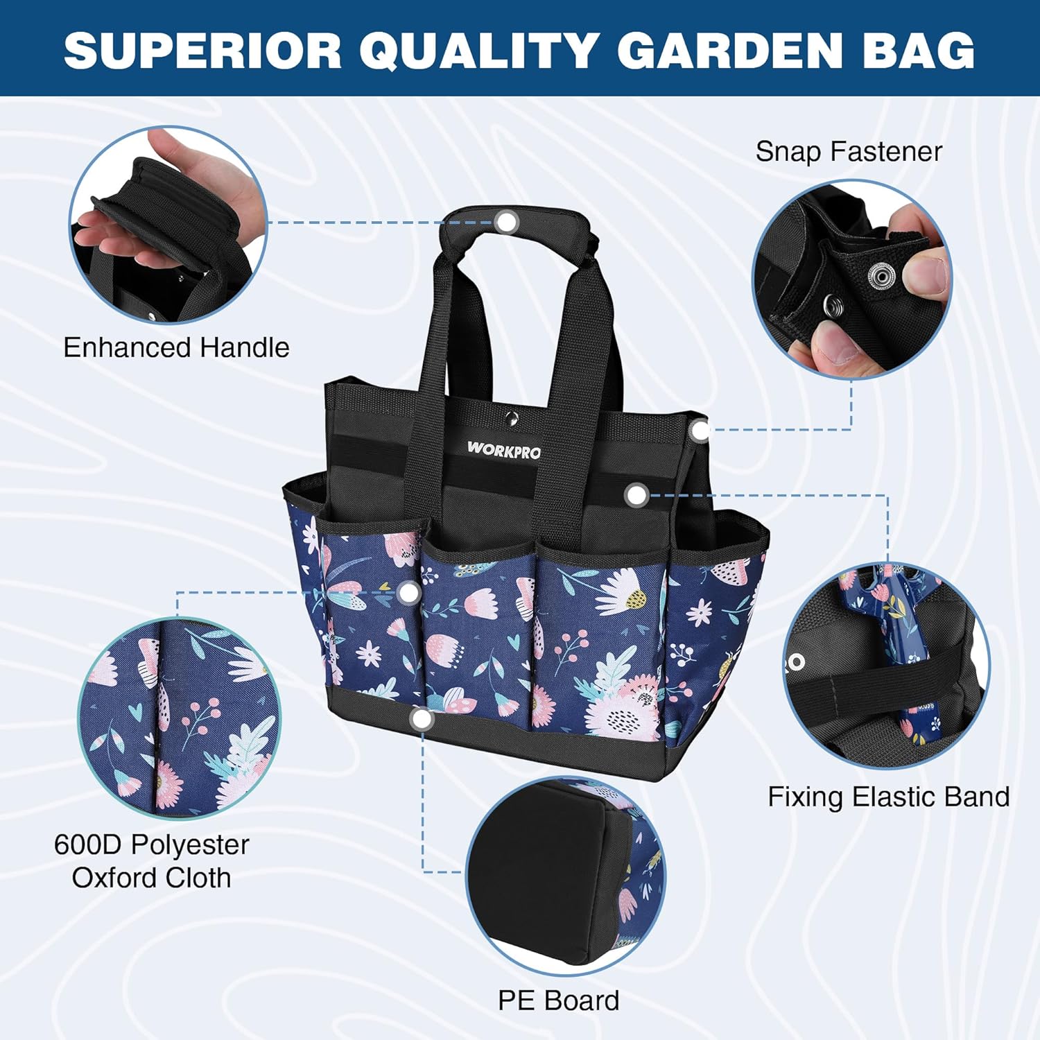 Blue WORKPRO garden tool tote with snap closure, elastic fixing band, insect print pockets.